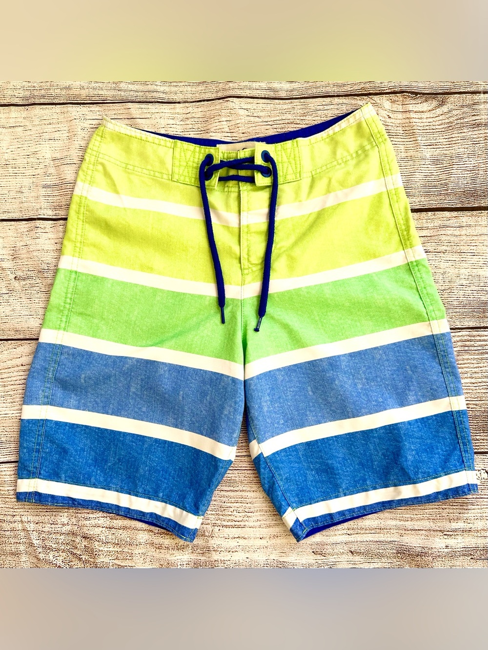Hollister Green White Blue Striped Swim Trunks Board Shorts Men’s Sz XS